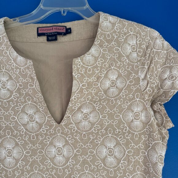 VINEYARD VINES Women's Tunic V-neck Linen Embossed Tan Mini Dress - Size 4 - Picture 3 of 6